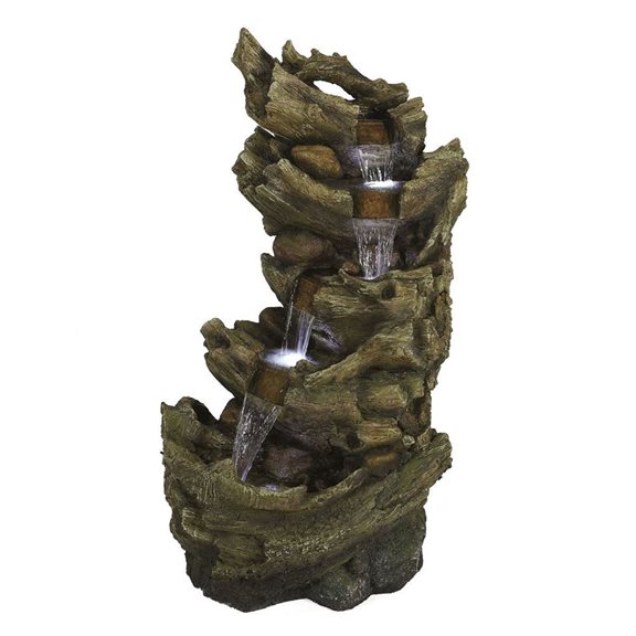 Stacked Driftwood Falls Water Feature with Lights