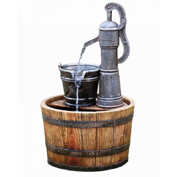 Pump on Wooden Barrel Solar Powered Water Feature with Battery Back Up