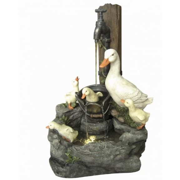 Solar Powered Duck Family at Tap Water Feature with LED Light