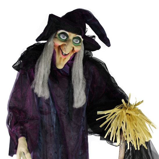 Animated Standing Halloween Witch with Long Hair and Broom Stick With