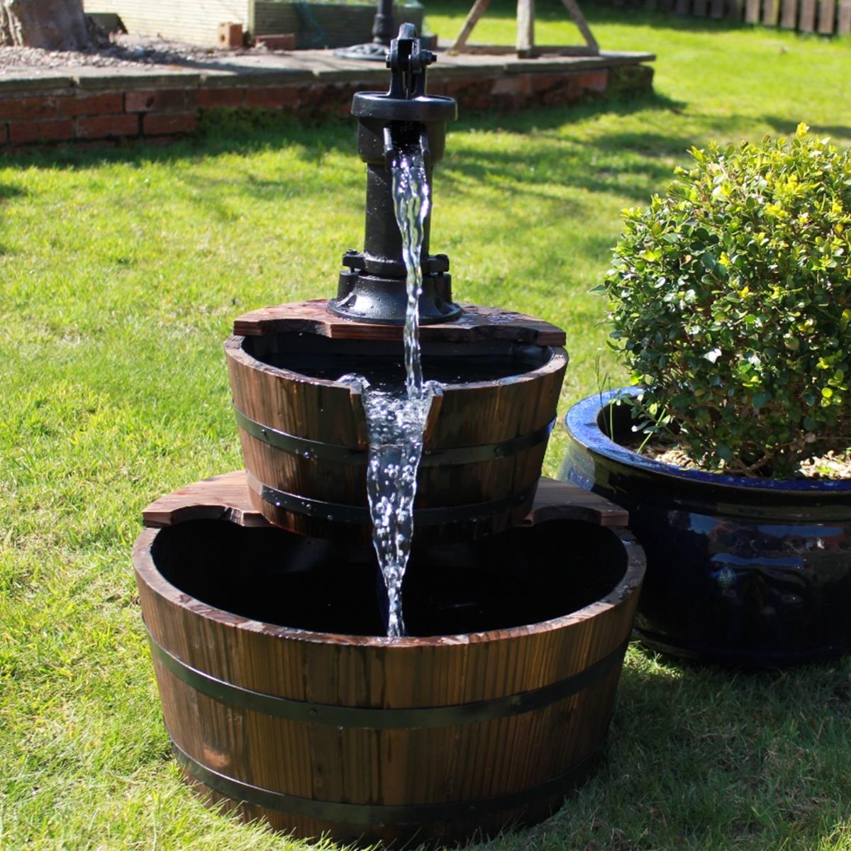 2 Tier Wooden Barrel Water Feature with Cast Iron Pump