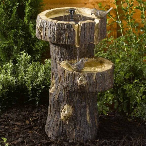 additional image for Two Tiered Tree Trunk Birdbath Solar Powered Outdoor Water Feature