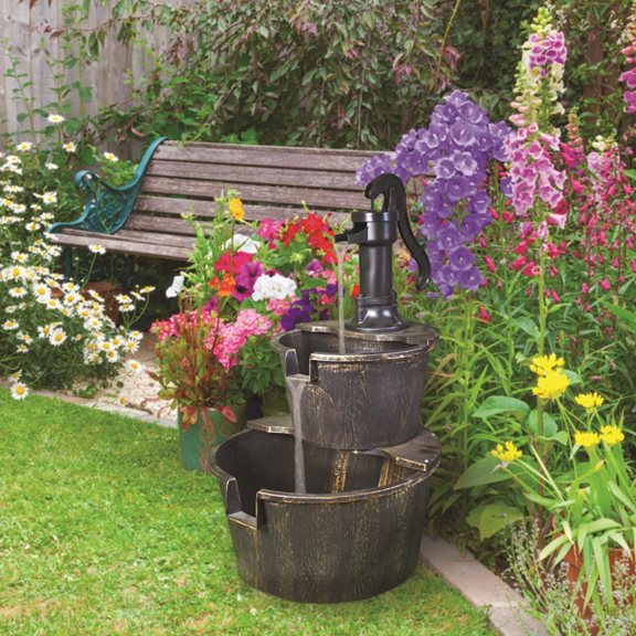 2 Tier Barrel Water Feature with Traditional Hand Pump (Solar Powered)