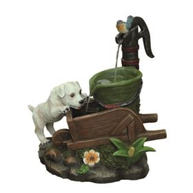 Solar Powered Dog at Wheel Barrow Water Feature