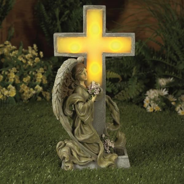 Solar Powered Angel With Cross Garden Memorial