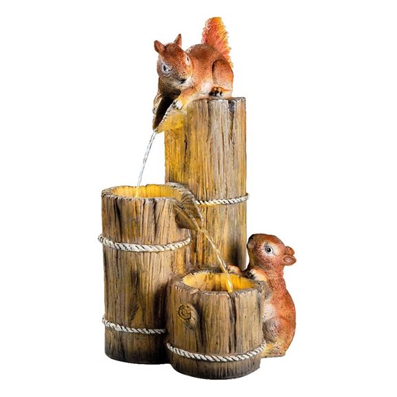 Squirrels at Wooden Barrels Water Feature