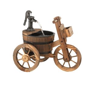 Wood Barrel Bicycle Water Feature with cast Iron Pump