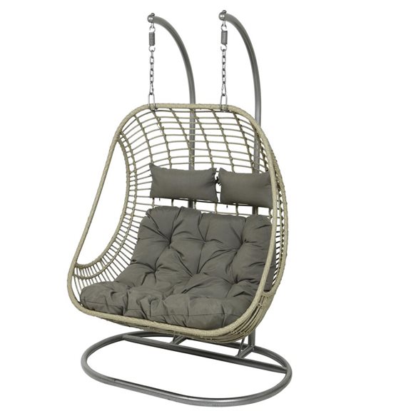 Double Grey Wicker Hanging Seat Egg Chair Luxury Garden Furniture with Cushions