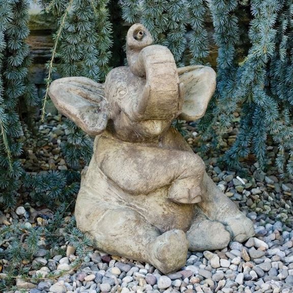Sitting Elephant Plumbed Cast Stone Pond Spitter