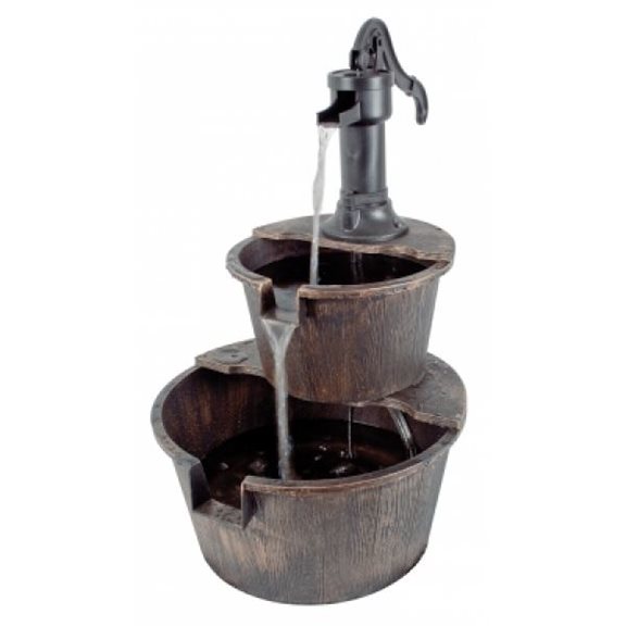 additional image for 2 Tier Barrel Water Feature with Traditional Hand Pump (Solar Powered)