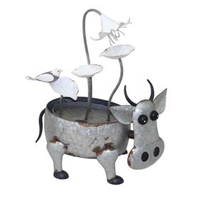 Metal Cow with Flowers Water Feature