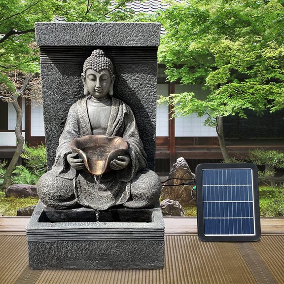 Sitting Buddha Pouring Bowl Solar Powered Water Feature