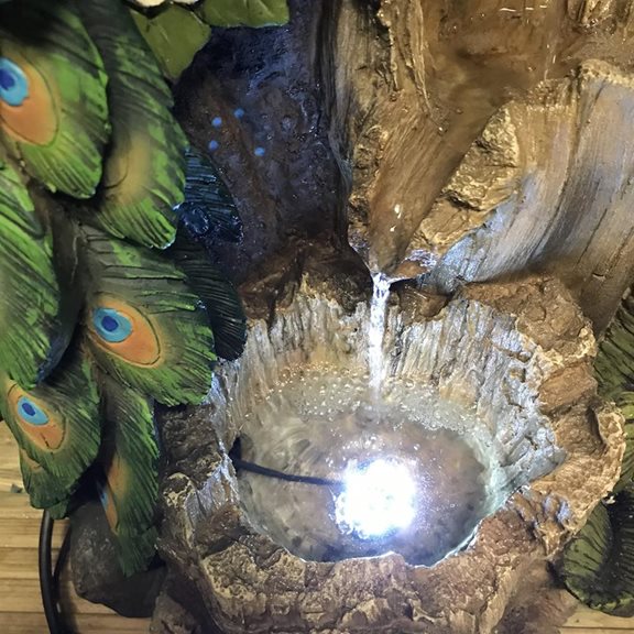 additional image for Peacock on Tree Trunk Lit Water Feature