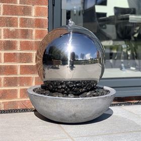 Large Stainless Steel Sphere in Bowl Water Feature with LED Lights