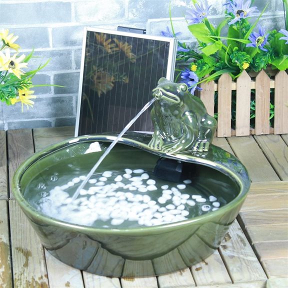 Ceramic Frog Solar Fountain Water Feature with LED Light and Battery Back Up